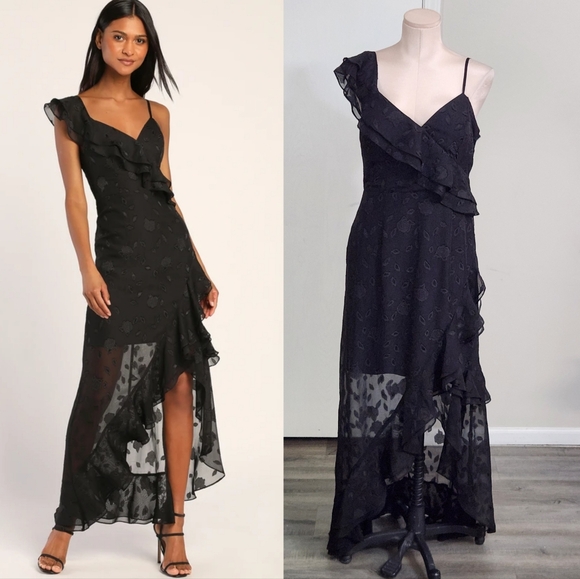 Lulus Forever Be Black Floral Jacquard Ruffled Maxi Dress - Picture 2 of 9